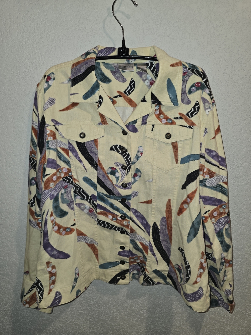 Chico's Women's Yellow Abstract Graphic Print Denim Style Jacket - Size 2 (US L/